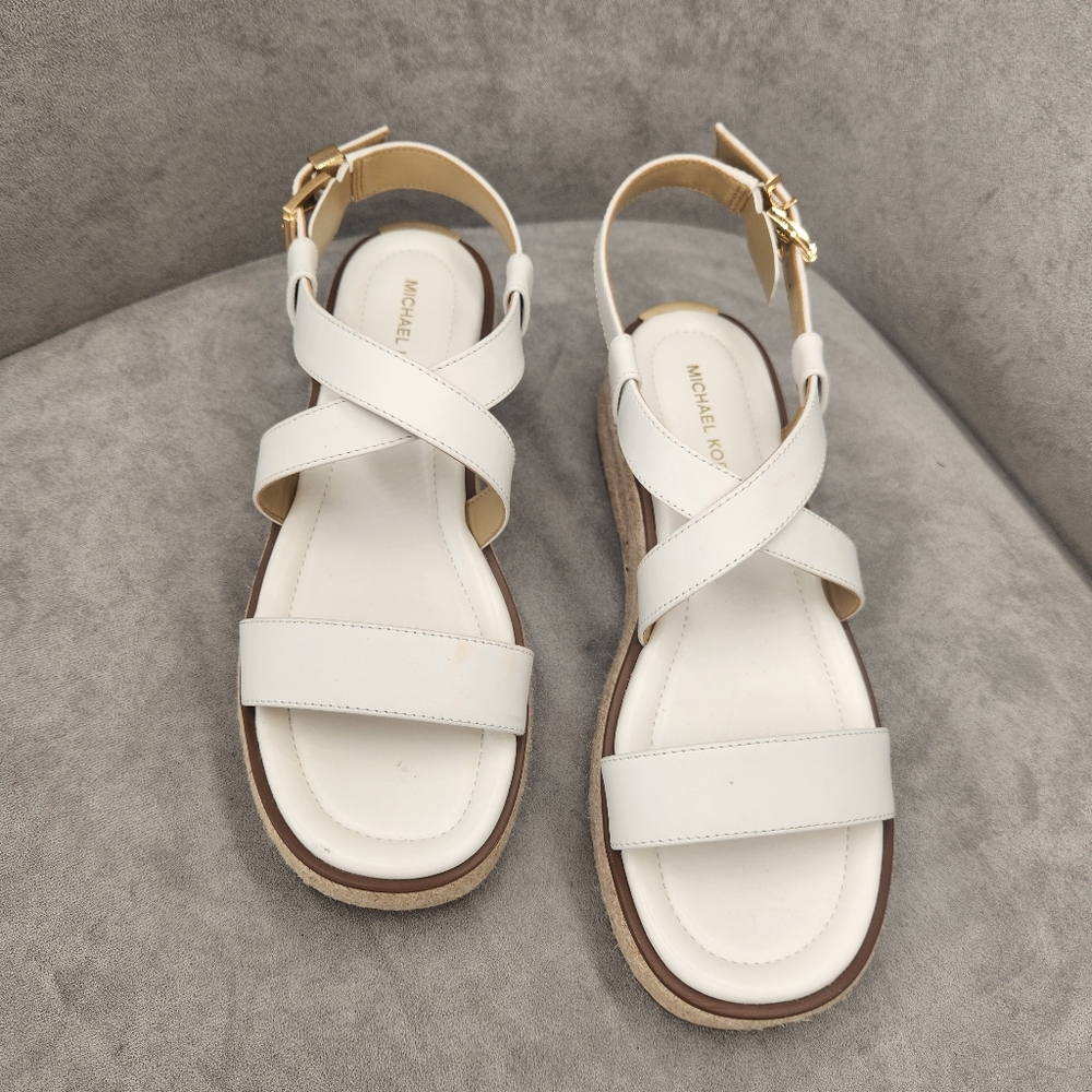 Michael Kors Espadrille Sandals 10 White Leather Lynn Platform Logo New $100